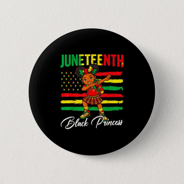 Juneteenth afro-flicka dabbar svart prinsessa barn knapp (Framsida)