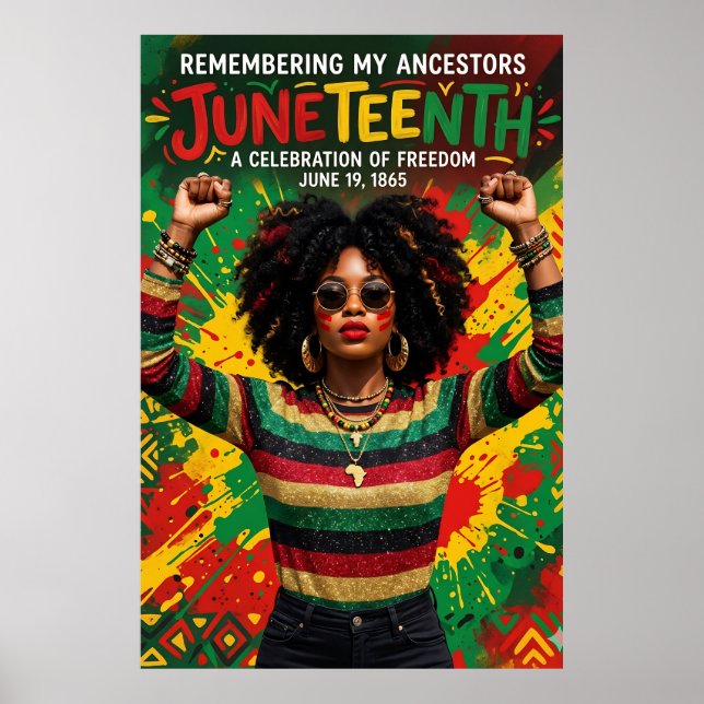 Juneteenth Afro Kvinna , Melanin Svart Tjej Poster (Framsidan)