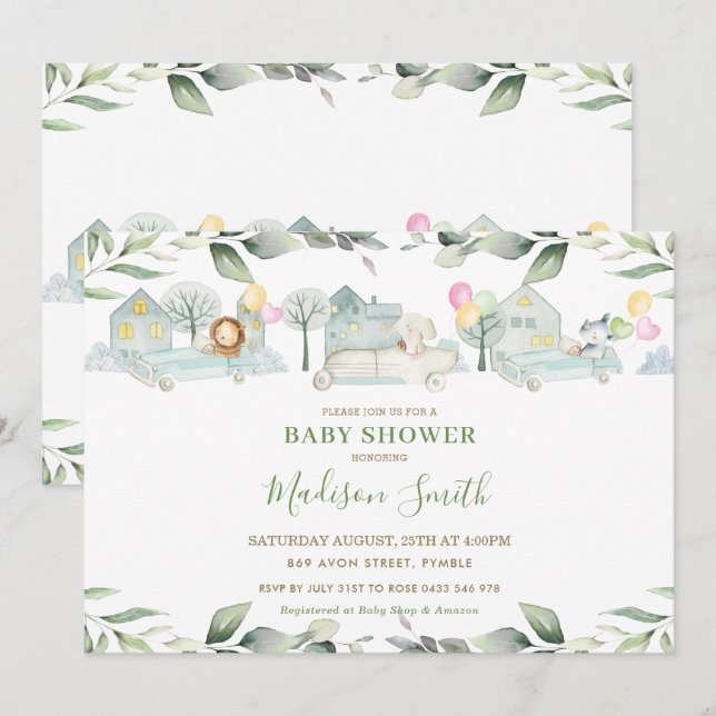 Jungdjur Cars Grey Baby Shower Girl Inbjudningar (Fram/baksida)