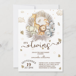Jungel Safari Djur Tvillingar Baby Shower Inbjudningar