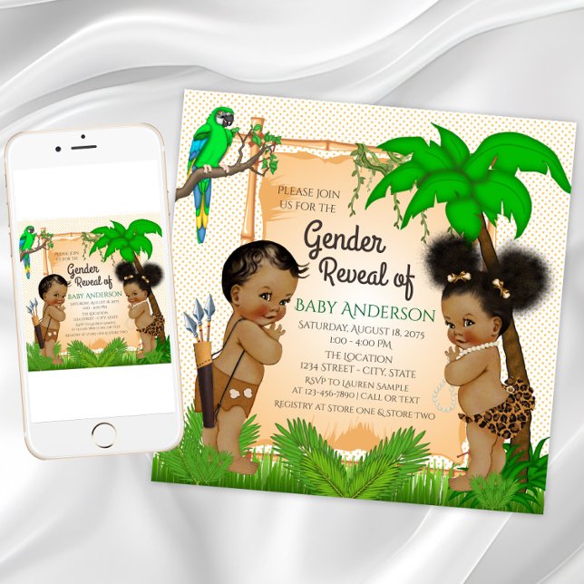 Jungel Safari Etniska Könsbestämmande Inbjudningar (Cute safari gender reveal invitation. Instant download and printed invitations available. )