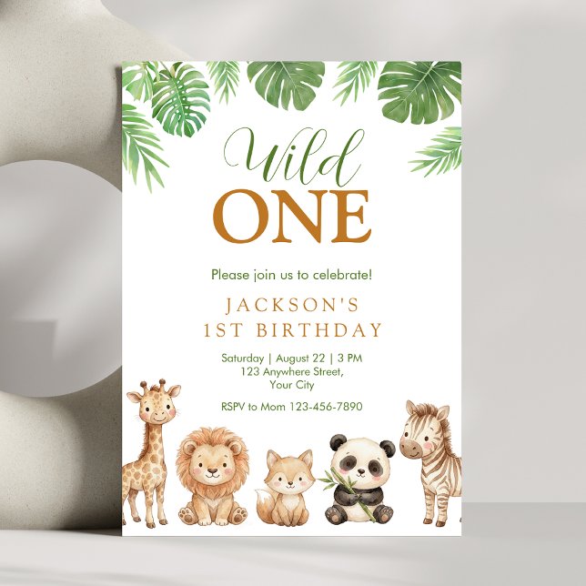 Jungel Wild One Födelsedagsinbjudan Inbjudningar (Wild One birthday invitation with safari animals and tropical greenery for a first birthday)