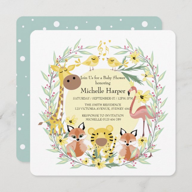 Jungeldjur, babyduschpojke eller flicka. julkort (Fram/baksida)