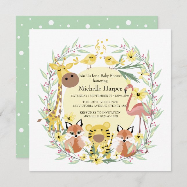 Jungeldjur, babyduschpojke eller flicka. julkort (Fram/baksida)