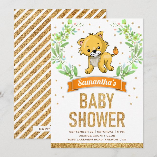 Jungelsafari Söt Lejon Babyfirande Inbjudningar (Fram/baksida)