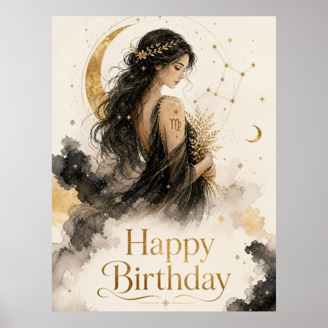 Jungfrau Happy Birthday Aquarell Design Poster (Framsidan)