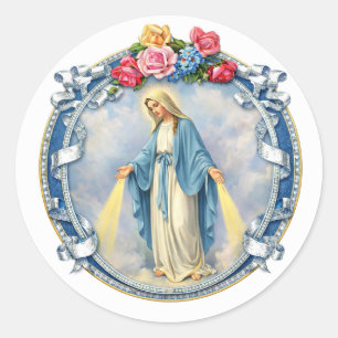 Jungfru Maria Blommor Religiös Vintage Katolsk Runt Klistermärke