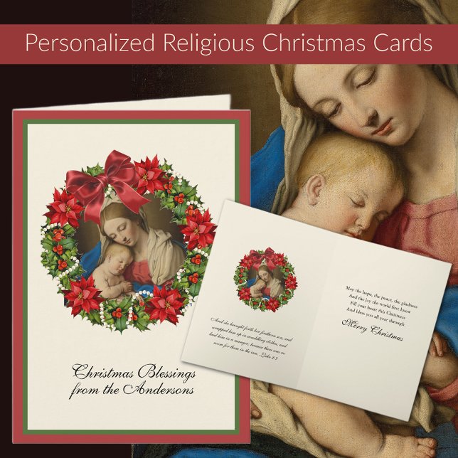 Jungfru Maria Jesus jul Blommor Skrift Helgkort (Traditional Religious Vintage Christmas Cards with Madonna and Child  Easy to personalize!)