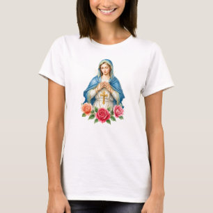 Jungfru Maria med rosenkrans katolsk blommig T Shirt