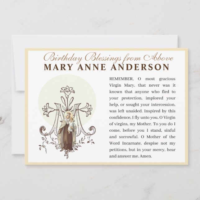 Jungfru Maria Mt. Carmel katolska Memorare-bön Kort (Framsida)