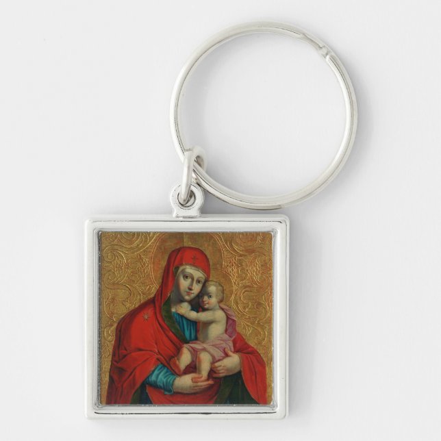 Jungfru Maria och Jesusbarnet av Jan Rombauer Fyrkantig Silverfärgad Nyckelring (Framsidan)