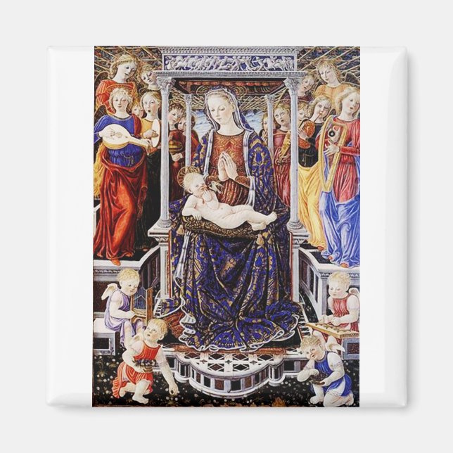 Jungfru och barn på tron med musikskapande ängel magnet (Framsidan)