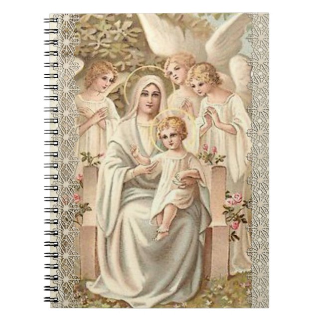 Jungfruliga Madonna Mary med barnet Jesus & änglar Anteckningsbok Med Spiral (Framsidan)