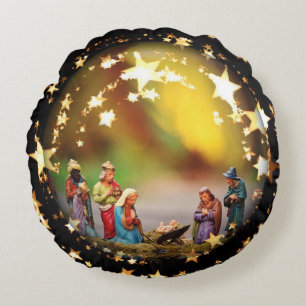 Jungfruliga Mary Jesus Joseph för julkrubbalathun Rund Kudde
