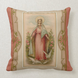 Jungfruliga Mary Madonna med duvor & blommor Kudde