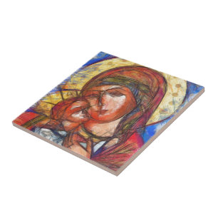 Jungfruliga Mary och Jesus barn Kakelplatta
