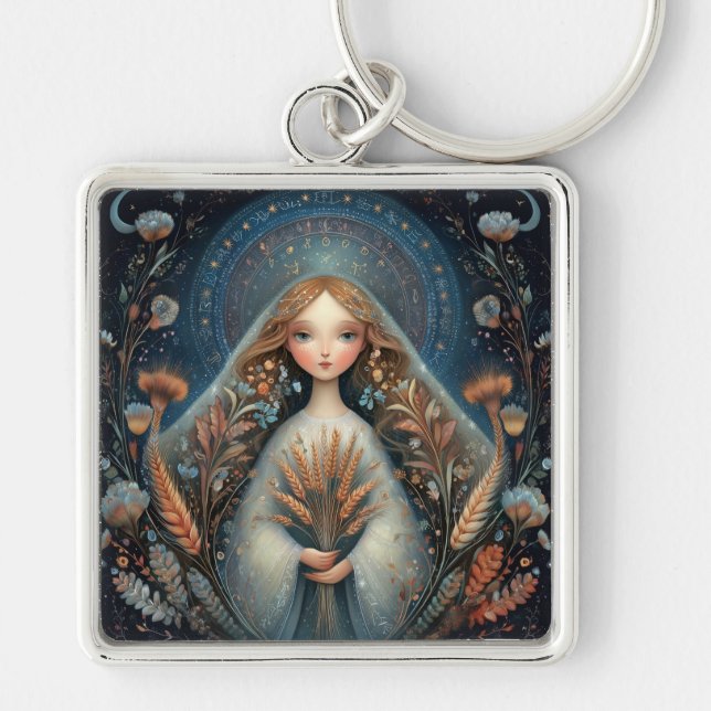Jungfrun Maiden Zodiak Astrologi Celestial Födelse Fyrkantig Silverfärgad Nyckelring (Framsidan)