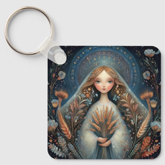 Jungfrun Maiden Zodiak Astrologi Celestial Födelse Nyckelring (Framsida)