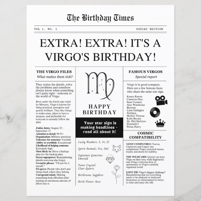 Jungfruns födelsedags tidning, rolig stjärntecken  (Framsida)