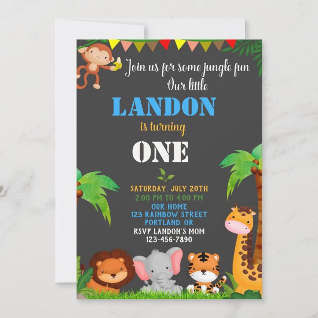 Jungle 1:a födelsedagsinbjudan Vild ett inbjudan (Framsida)