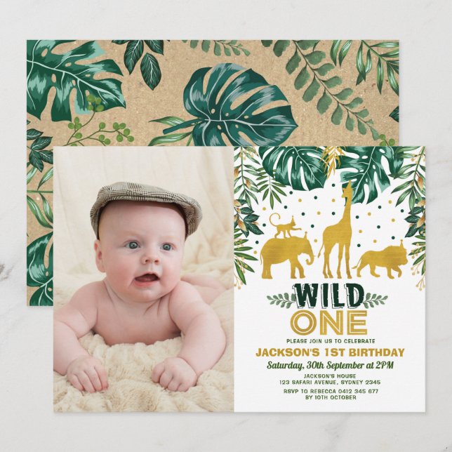 Jungle 1st Birthday Vild One Safari Animals Party Inbjudningar (Fram/baksida)