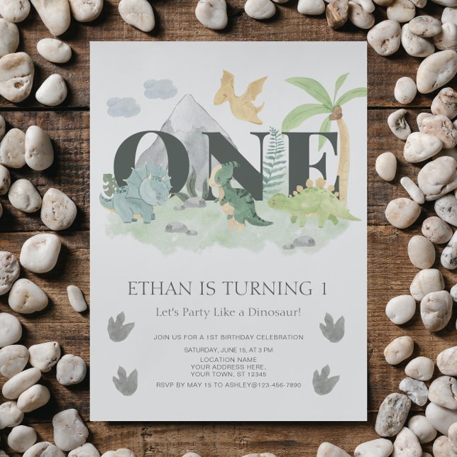 Jungle 1st Birthday Watercolor Dinosaur Party Inbjudningar (🦖 Get ready to party with these unique dinosaur-themed invitations.)