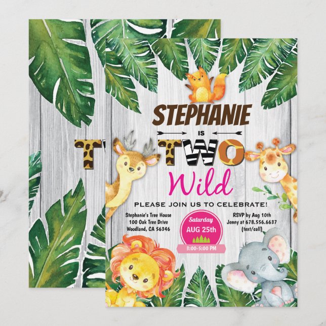 Jungle 2:a födelsedag Flicka safari zoo 2 Inbjudningar (Fram/baksida)