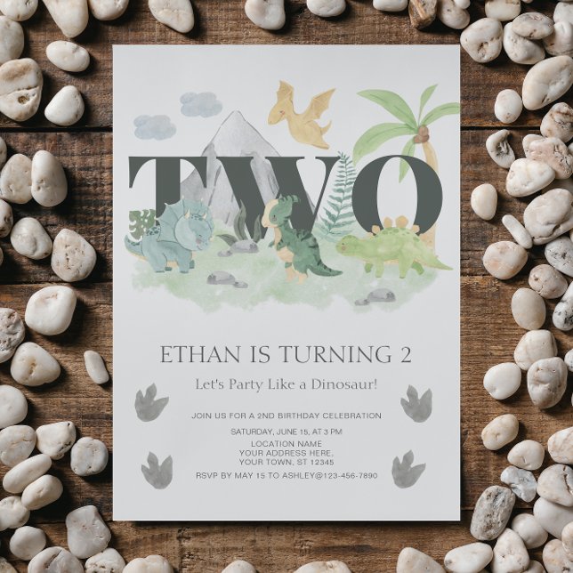 Jungle 2:a födelsedag: vattenfärg Dinosaur Party Inbjudningar (🦖 Get ready to party with these unique dinosaur-themed invitations.)