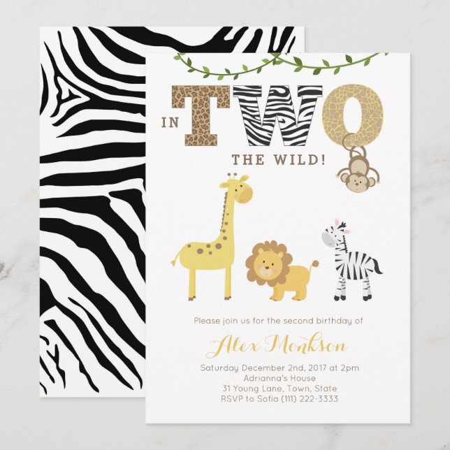 Jungle 2nd Birthday Inbjudan, Monkey Giraffe Zebra Inbjudningar (Fram/baksida)