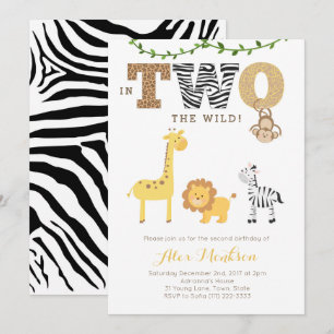 Jungle 2nd Birthday Inbjudan, Monkey Giraffe Zebra Inbjudningar