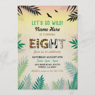 Jungle 8:e födelsedag Åtta Party Safari ZOO-Vilden Inbjudningar