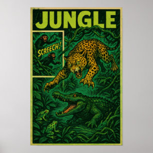 Jungle Ambush - Jaguar vs Alligator Retro Tecknad Poster