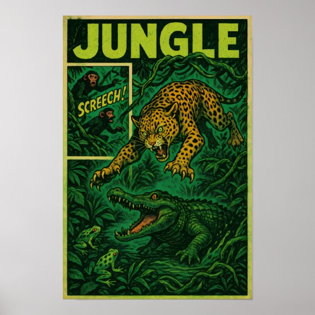 Jungle Ambush - Jaguar vs Alligator Retro Tecknad Poster (Framsidan)