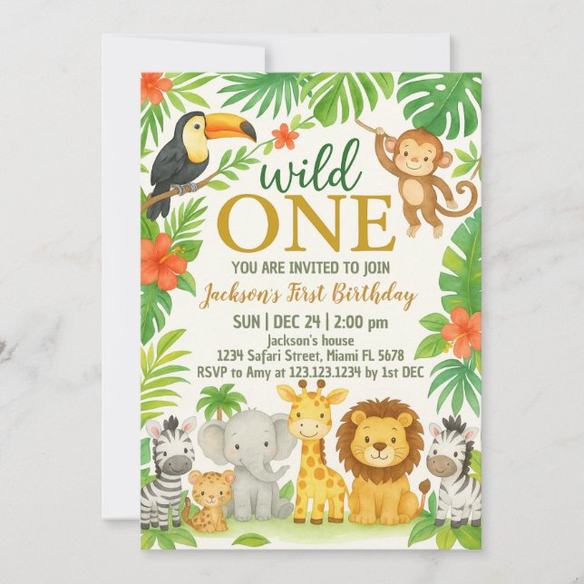 Jungle Animal 1:a födelsedagen Party Inbjudningar (Framsida)