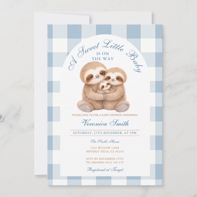Jungle Animal Blue Gingham Sloth Couples Shower Inbjudningar (Framsida)