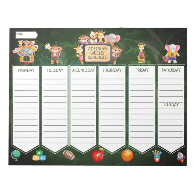 Jungle Animal Kids Weekly School Activity Planner Anteckningsblock (Framsida)