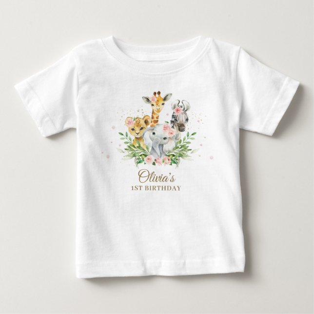 Jungle Animal Rosa Blommigt Girl 1: a Birthday Out T Shirt (Framsida)