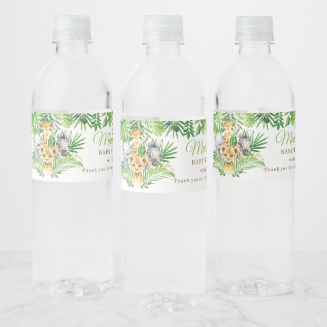 Jungle Animal Safari Greenery Lejon Baby Shower Vattenflaskor Etikett (Flaskor)