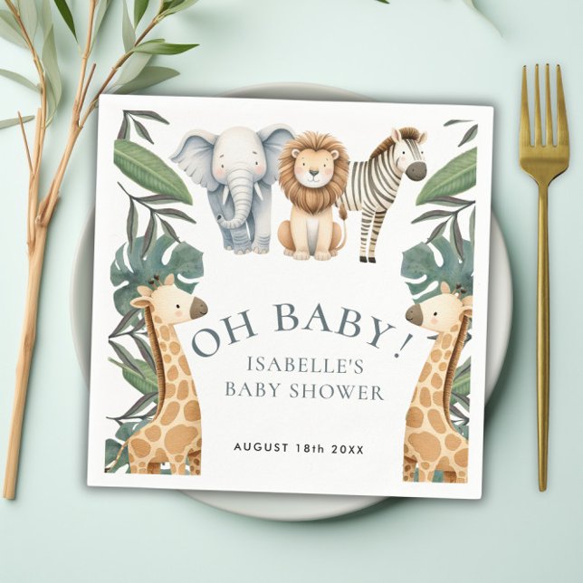 Jungle Animal Safari Greenery Neutralt Baby Shower Pappersservett (Jungle Animal Safari Greenery Neutral Baby Shower Napkins)