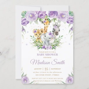 Jungle Animal Safari Lila Blommigt Baby Shower Inbjudningar