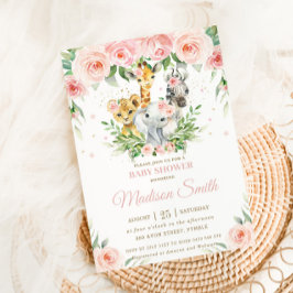 Jungle Animal Safari Rosa  Blommigt Baby Shower Inbjudningar