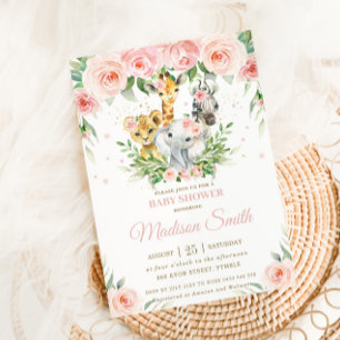 Jungle Animal Safari Rosa  Blommigt Baby Shower Inbjudningar