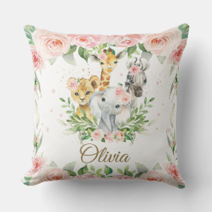 Jungle Animal Safari Rosa Blommigt Girl Nursery Ro Kudde