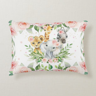 Jungle Animal Safari Rosa Blommigt Girl Nursery Ro Prydnadskudde