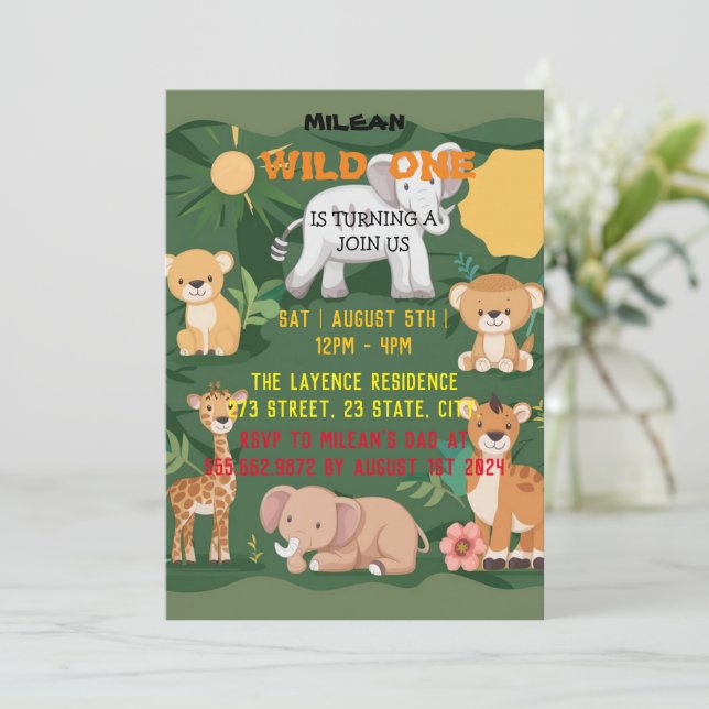 Jungle Animal Vild En pojke 1:a födelsedagen Inbjudningar (Stående Fram)