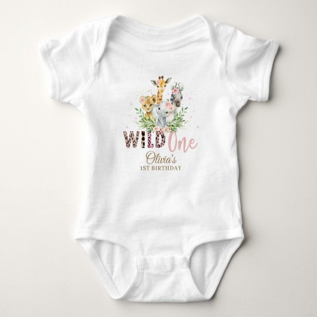 Jungle Animal Vild ONE Girl 1st Birthday Outfit T Shirt (Framsida)