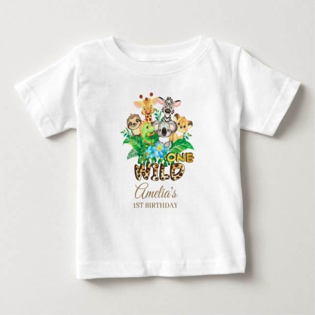 Jungle Animal Vild ONE Girl 1st Birthday Outfit T Shirt (Framsida)