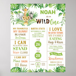 Jungle Animals 1:a födelsedag Milestone Birth Stat Poster