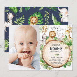 Jungle Animals 1:a födelsedag Vild en Grönt Foto Inbjudningar