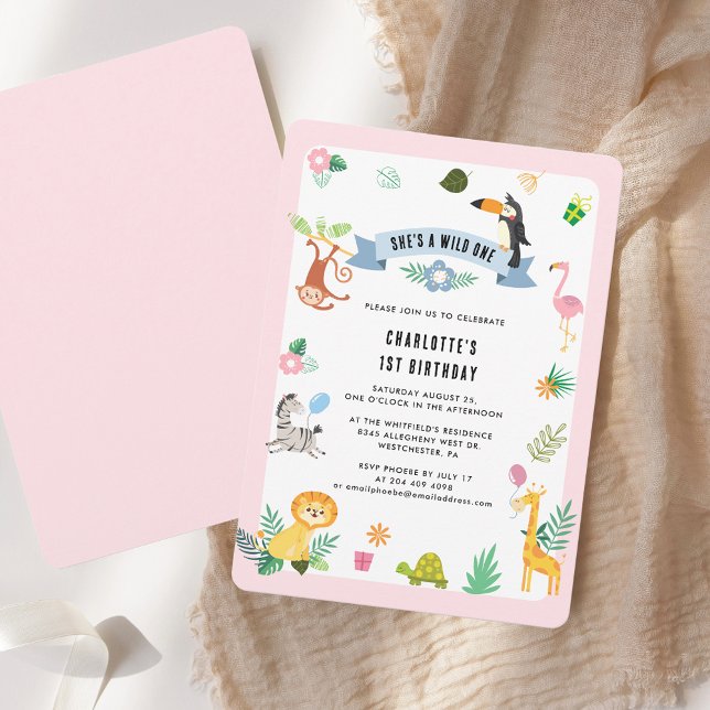 Jungle Animals 1:a födelsedagen Party Inbjudningar (1st Birthday Jungle Animals Theme Party Invitation)